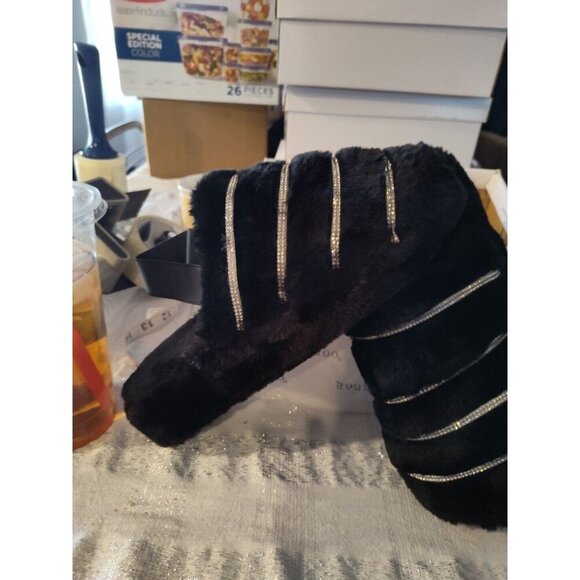 Bamboo Women's Black Fur Rhinestone Slingback Slippers Comfy Warmness Size 9‎ - Picture 5 of 8
